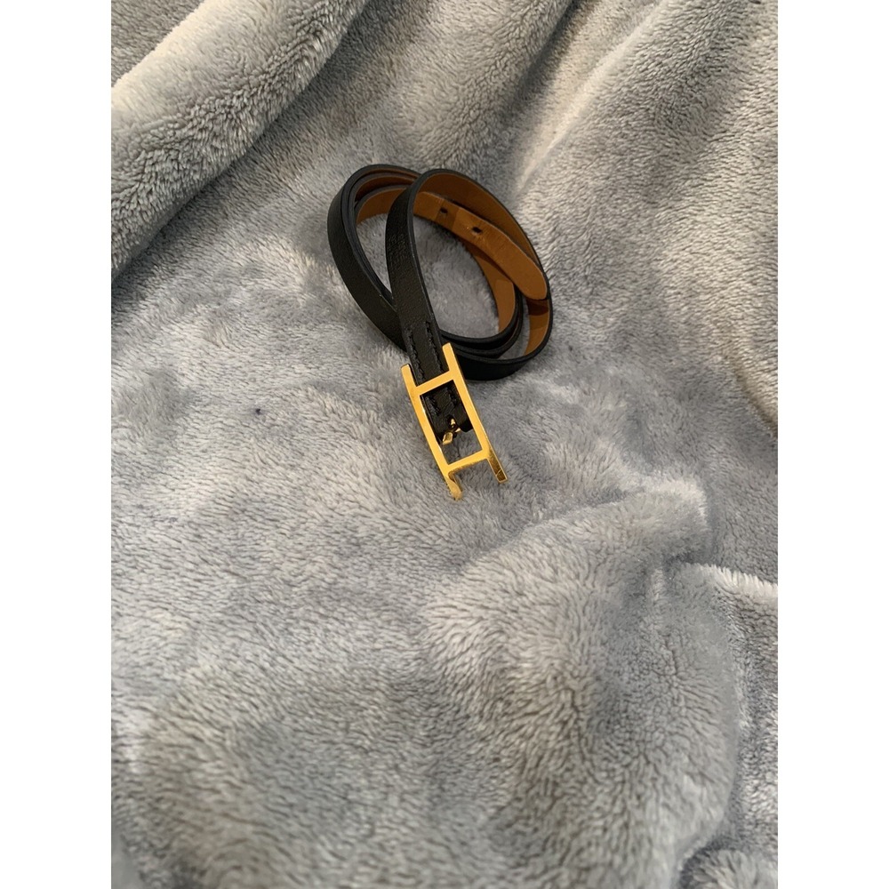Hermes Behapi Double Tour Bracelet Leather Black/Brown Gold Buckle Wrap Bracelet